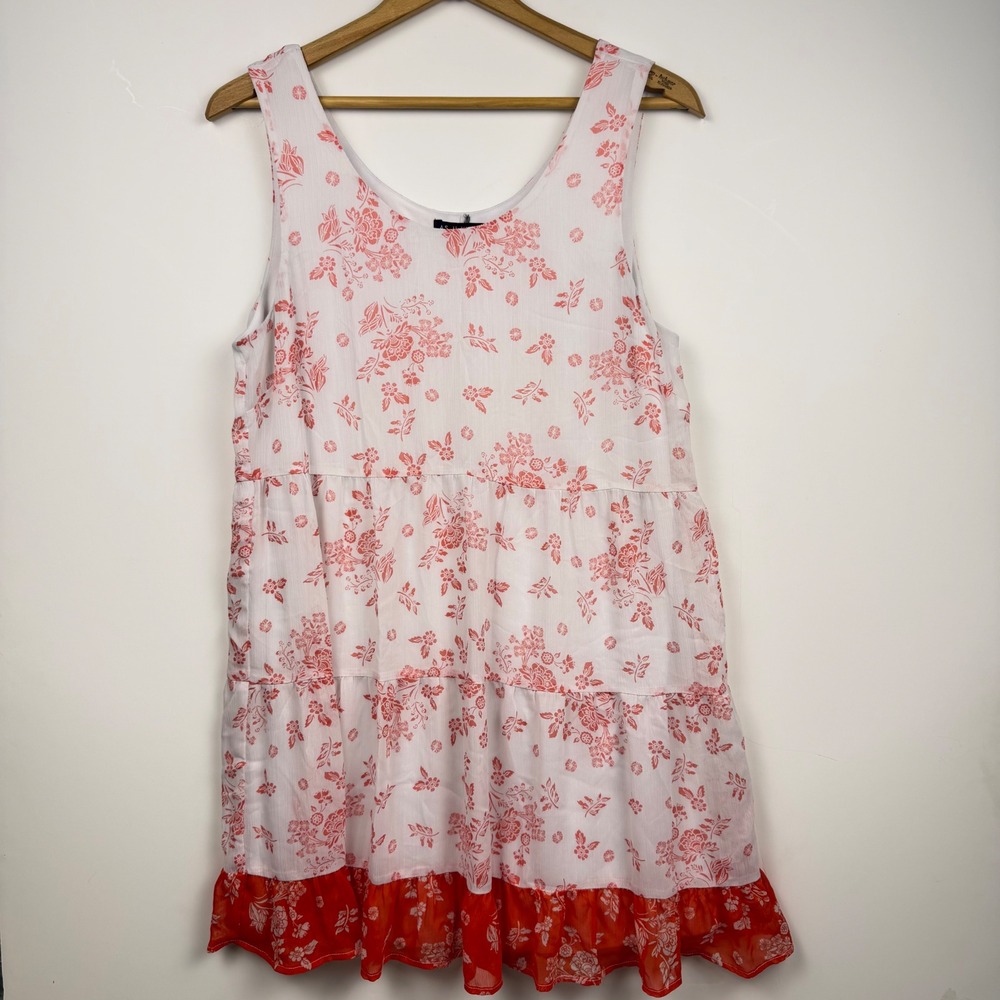 As U Wish Womens Red White Floral Tiered Ruffle Hem Mini Dress Large